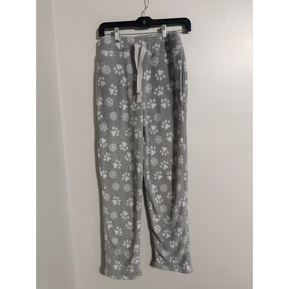 Fornia Gray Snowflake Paw Print Plush Fleece Pajama Pants Small Recycled Poly